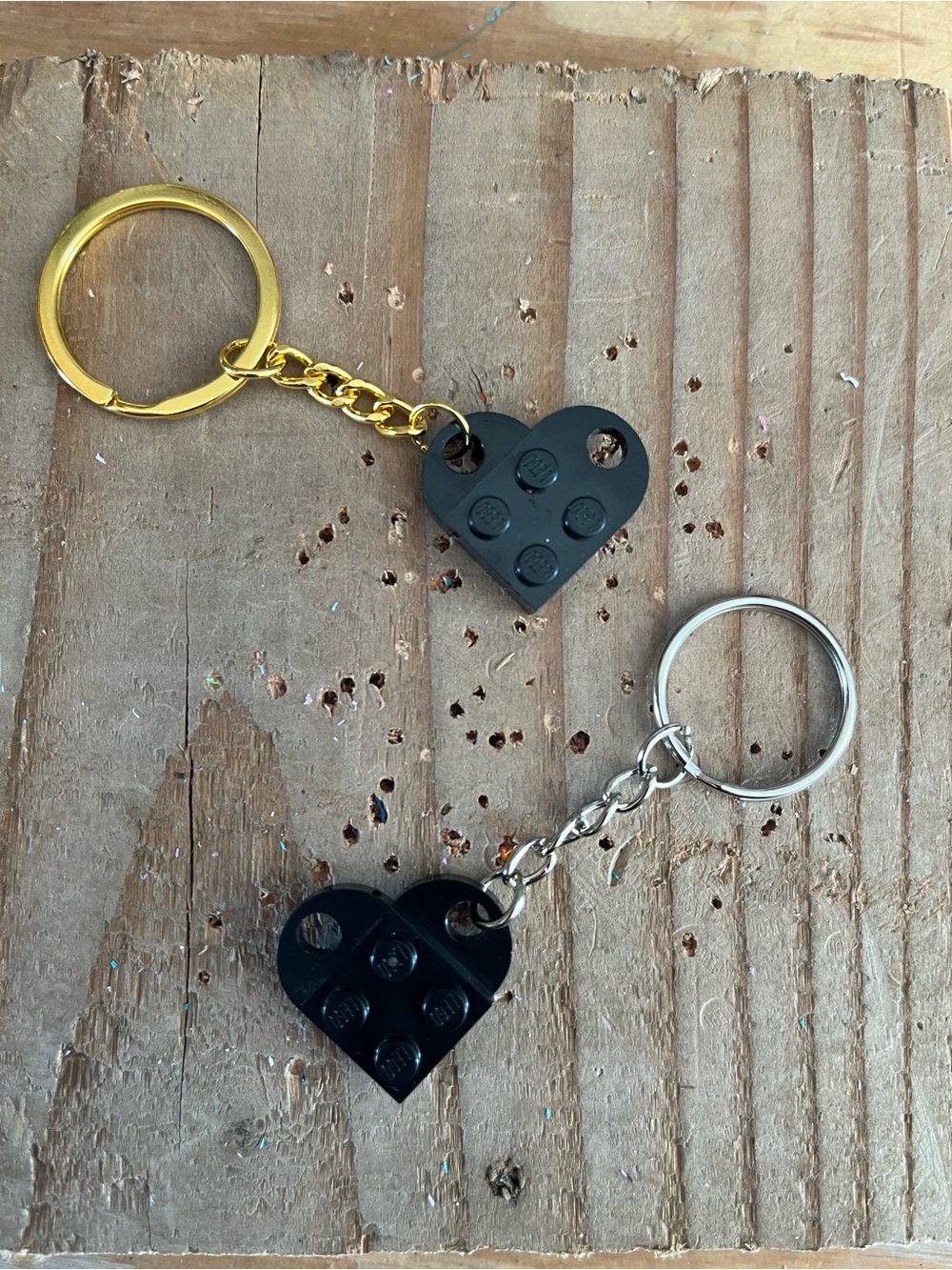 ONE LEGO Black Heart Brick Keychain Handmade - silver or gold color hardware